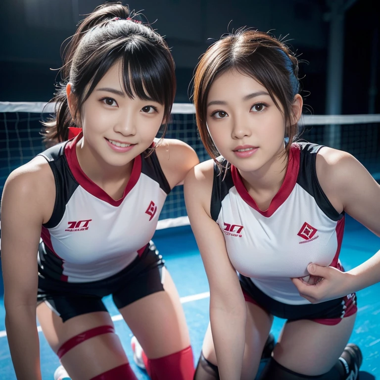 (2 beautiful Korean volleyball players, age 23, both are wearing White Tight Lightweight Synthetic Jersey, Red Spandex Shorts, Ankle Braces and Knee Pads, relaxing in the gym, graceful expression, kind smile, dimpled chin, cute snaggle-tooth, short hair ponytail, symmetrical face, beautiful detailed face, beautiful detailed eyes, perfect body proportions, ample round bosom, photorealistic, hyper-realism, high contrast, ultra HD, realistic skin textures, top image quality, top-quality, super high resolution, fine details, very meticulously, masterpiece, head to knees, High Angle Shot, bokeh background）