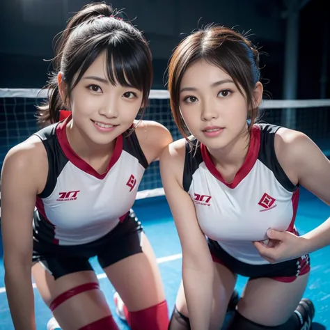 (2 beautiful korean volleyball players, age 23, both are wearing white tight lightweight synthetic jersey, red spandex shorts, a...