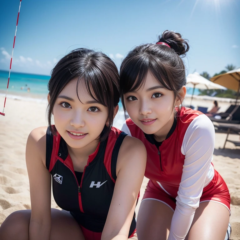 (2 beautiful Korean volleyball players, age 23, both are wearing White Tight Lightweight Synthetic Jersey, Red Spandex Shorts, Ankle Braces and Knee Pads, relaxing in sunny beach, graceful expression, kind smile, dimpled chin, cute snaggle-tooth, short hair ponytail, symmetrical face, beautiful detailed face, beautiful detailed eyes, perfect body proportions, ample round bosom, photorealistic, hyper-realism, high contrast, ultra HD, realistic skin textures, top image quality, top-quality, super high resolution, fine details, very meticulously, masterpiece, head to knees, High Angle Shot, bokeh background）