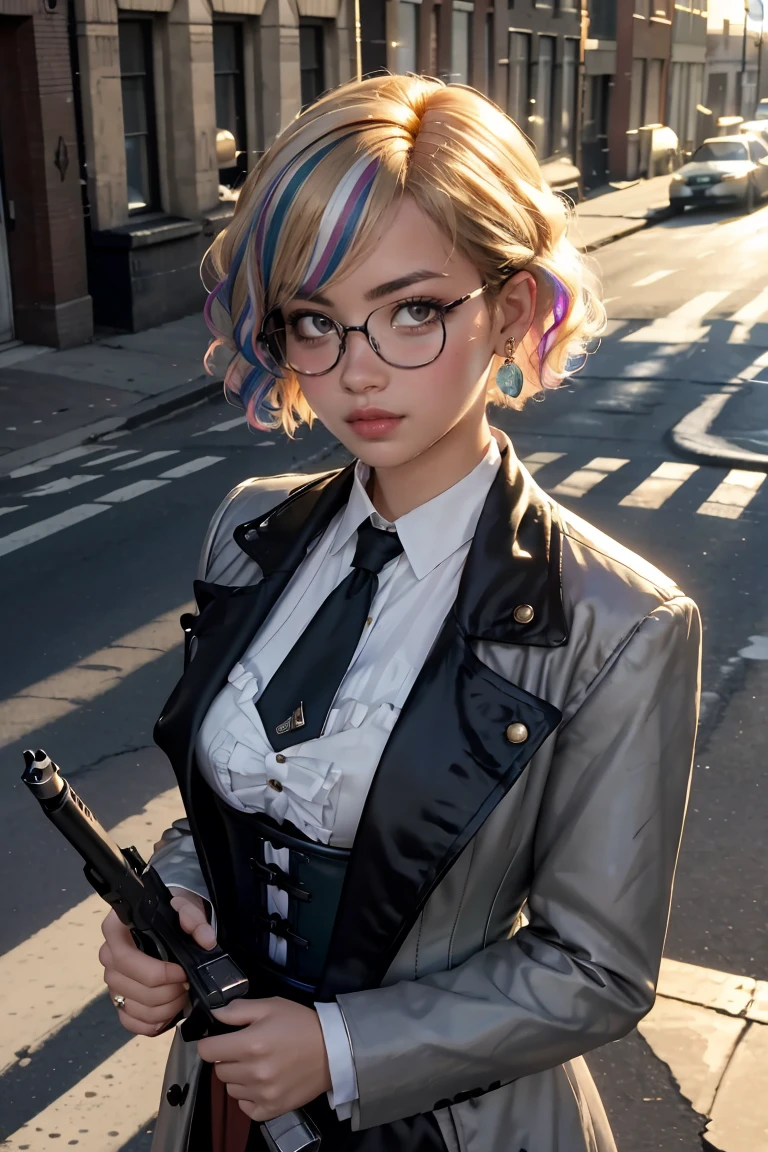 masterpiece,best quality,(1woman:1.3), 25 years old,short hair,colored tips,curly hair,colored glasses,earings,gun,tie,topless,corset,mafia style,handcuffs,wrap coat,street,from above,(dutch angle, fisheye),lens flare,depth of field 