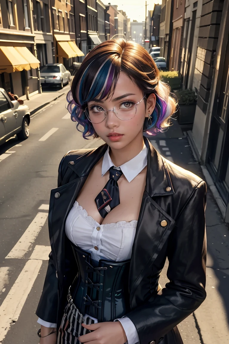 masterpiece,best quality,(1woman:1.3), 25 years old,short hair,colored tips,curly hair,colored glasses,earings,gun,tie,topless,corset,mafia style,handcuffs,wrap coat,street,from above,(dutch angle, fisheye),lens flare,depth of field 