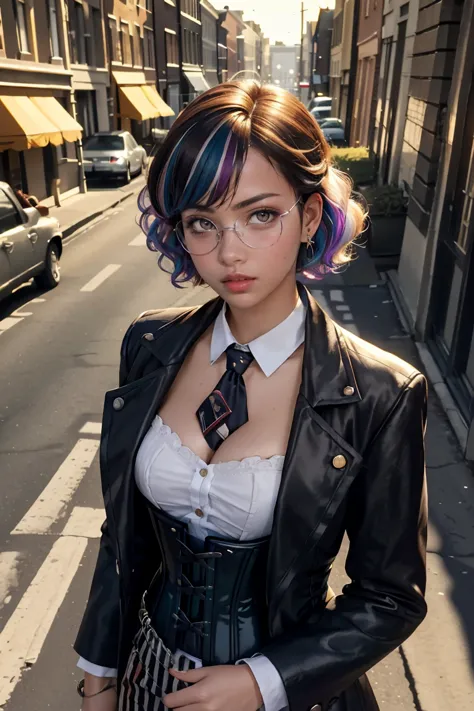masterpiece,best quality,(1woman:1.3), 25 years old,short hair,colored tips,curly hair,colored glasses,earings,gun,tie,topless,c...