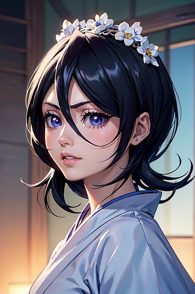 rich in detail, Incredible color strokes and detailed lighting, Amazing detailed face, amazing detailed hair, amazing detailed eyes, amazing detailed nose, Amazing Detailed Lips. Face of a young and beautiful girl wearing a white kimono. With your short black hair and blue eyes, and with a smile on her face rukia kuchiki.
