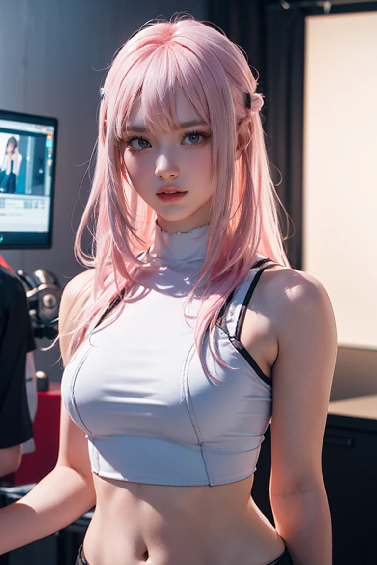 Highest quality, Ultra-high resolution, Realistic, Browsing Caution, Cyberpunk sexy pink hair girl、Take photos in a studio environment with a gray background, View your viewers, Upper Body, thin, Visible Cracks, Crop top, Big Breasts, (See-through)