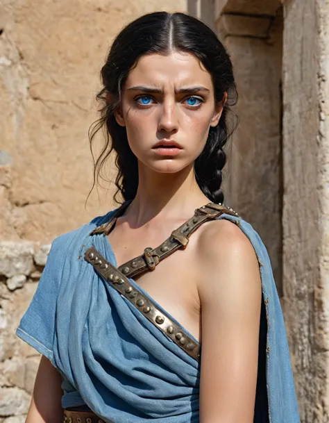 old italian man dressed in (toga entirely made of denim, with rivets, with front pockets). a nice 14yo roman woman mesalina, (lo...