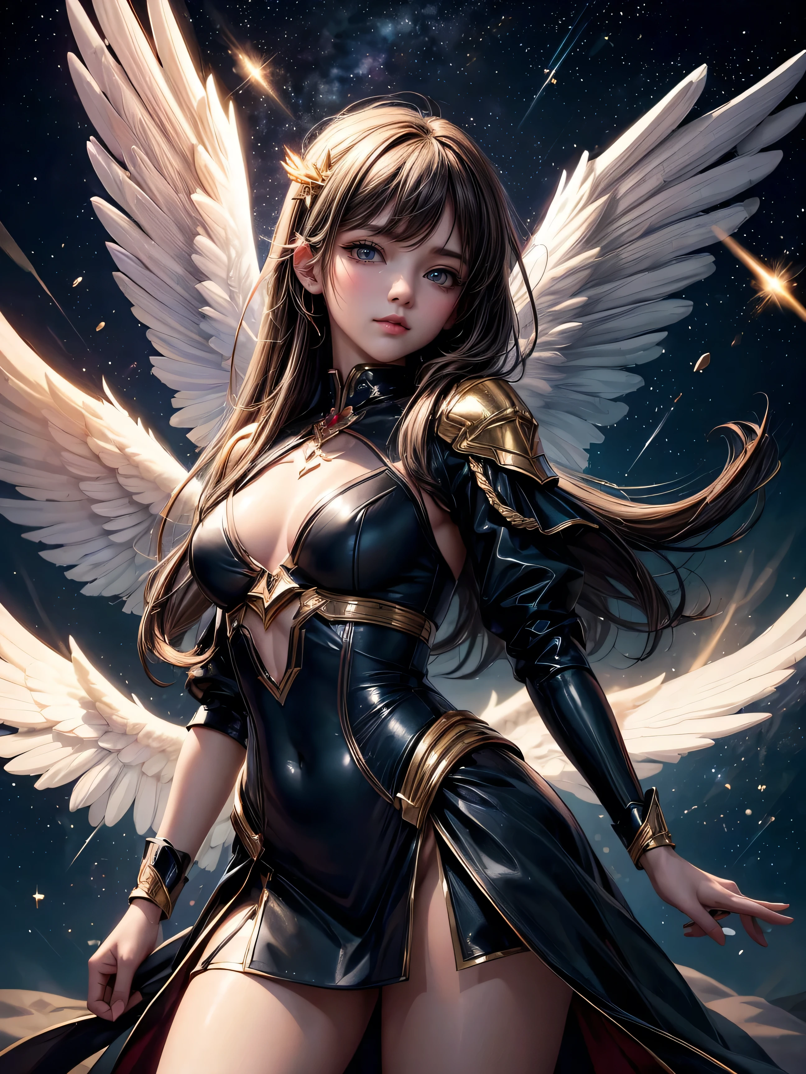 (masterpiece, top quality, best quality, official art, beautiful and aesthetic:1.2),1girl, angel, angel wings, space, shooting stars, gold light particles effect,