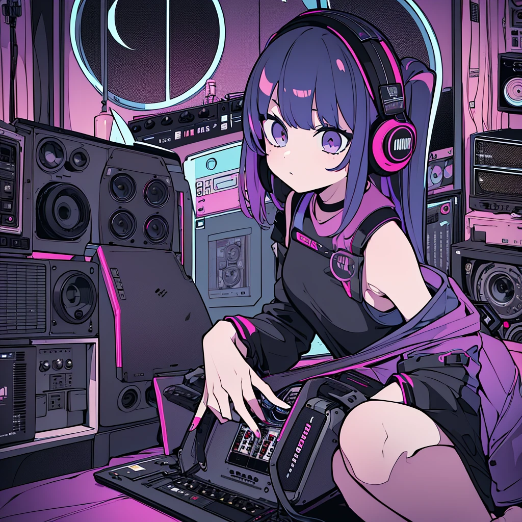 Best quality, (masterpiece), best detail face,1 girl, 18 yo, 8k,absurdres,unity 8k wall paper,(extremely detailed:1.3), highest realistic, (retro headphones:), Her room full of music equipment and records, Light clothing, she is playing synth, See the whole room, She is leaving the room, dark purple color palette
