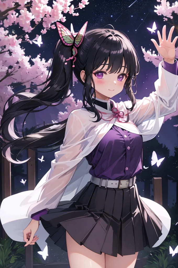 (masterpiece:1.3), (best quality:1.1), (8k, ultra detailed, ultra high res:1.2), ((anime style)), perfect 5 fingers, perfect anatomy, 
1girl,
Kanao Tsuyuri, 
BREAK long hair, side ponytail, 
black hair, 
purple eyes, 
butterfly hair ornament, 
(medium breasts:0.9),  
BREAK purple shirt, pleated skirt, white cape, 
smile, 
looking at viewer, 
cowboy shot, 
perfect light, 
waving, waving arms, outdoors, forest, field, night, night sky, starry sky,