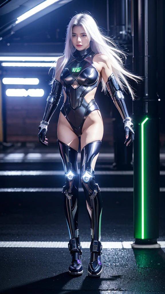 1girl, ultra realistic, ultra crisp, NVIDIA RTX, unreal engine, perfect slim body, realistic face, perfect face, realistic body, epic skin details, white hair, hair blown with strong winds, hyper rendering, ultra details, glowing eyes, purple eyes, blush, parted lips, cybernetic ear, cybernetic metalic hands, cybernetic metalic legs, luminous cybernetic futuristic metalic mechanical body, ultra realistic lights reflection details, ((full body shown)), from below, posing in the middle.