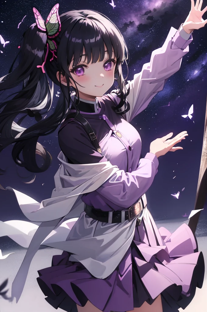 (masterpiece:1.3), (best quality:1.1), (8k, ultra detailed, ultra high res:1.2), ((anime style)), perfect 5 fingers, perfect anatomy, 
1girl,
Kanao Tsuyuri, 
BREAK long hair, side ponytail, 
black hair, 
purple eyes, 
butterfly hair ornament, 
(medium breasts:0.9),  
BREAK purple shirt, pleated purple skirt, long sleeve, white cape, 
smile, 
looking at viewer, 
cowboy shot, 
perfect light, 
waving, waving arms, outdoors, forest, field, night, night sky, starry sky,