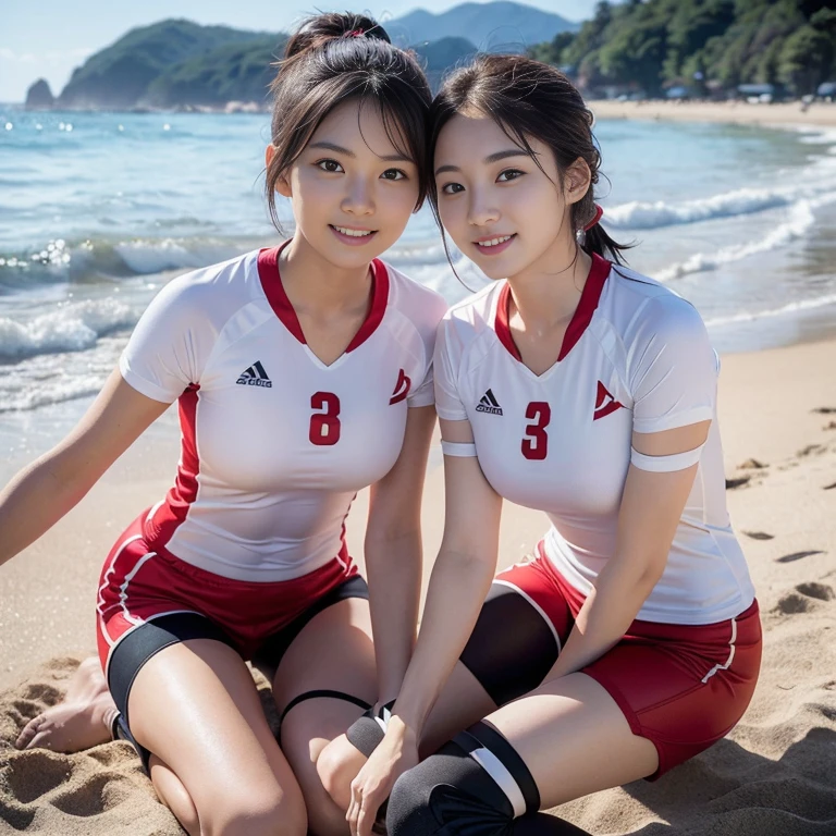 (2 beautiful Korean volleyball players, age 23, they are wearing White Tight Lightweight Synthetic Jersey, Red Spandex Shorts, Ankle Braces and Knee Pads, Sunrise On The Beach, graceful expressions, kind smile, dimpled chins, cute snaggle-tooth, short hair ponytail, symmetrical face, beautiful detailed face, beautiful detailed eyes, perfect body proportions, ample round bosoms, photorealistic, hyper-realism, high contrast, ultra HD, realistic skin textures, top image quality, top-quality, super high resolution, fine details, very meticulously, masterpiece, head to knees, High Angle Shot, bokeh background）