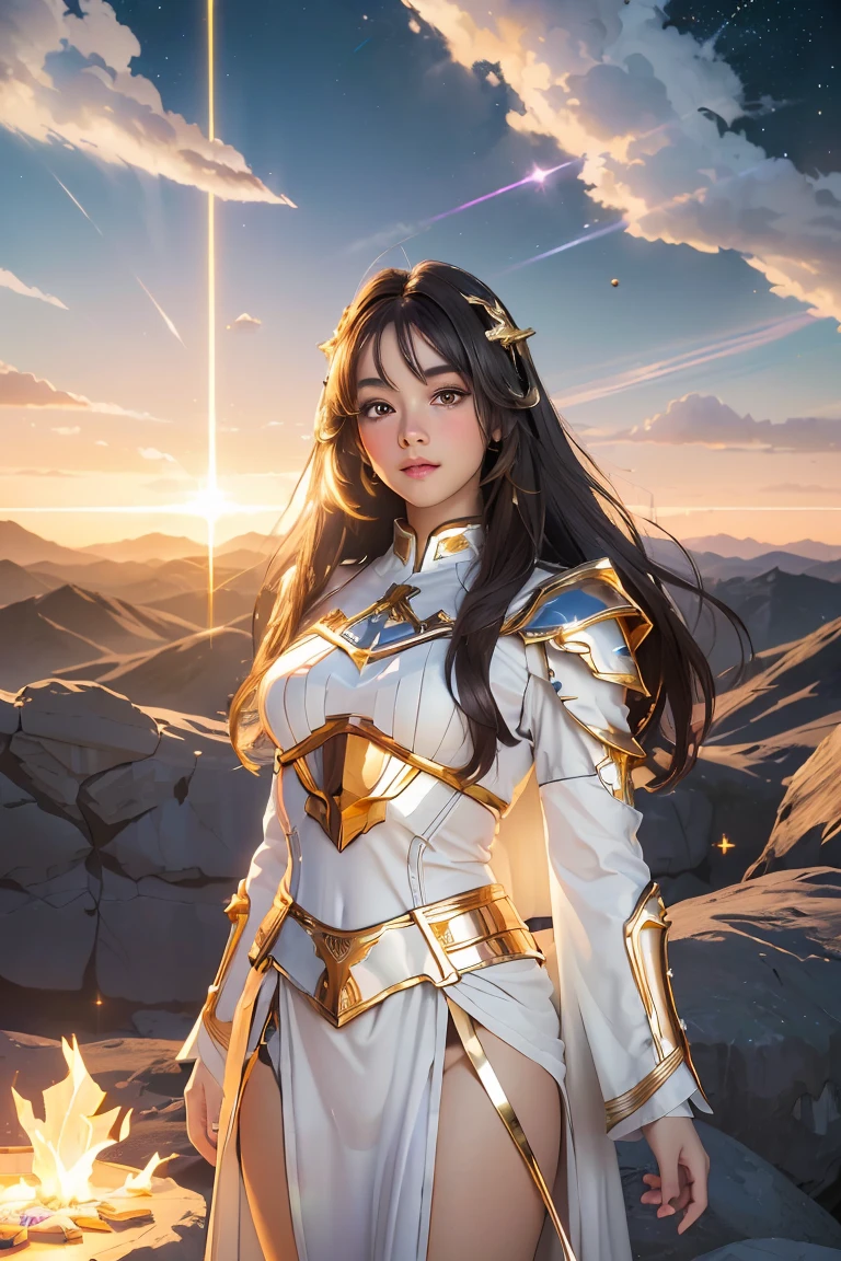 ((masterpiece, best quality, extremely detailed), volumetric lighting, ambient occlusion, colorful, glowing), 1girl, solo, young girl, (dark hair), long hair, halo, aura, sacred, goddess, cleric suit, (white outfit with gold detailst:1.3), armor, outdoors, sunset, sky, clouds, space, (fantasy theme:1.2), full armor