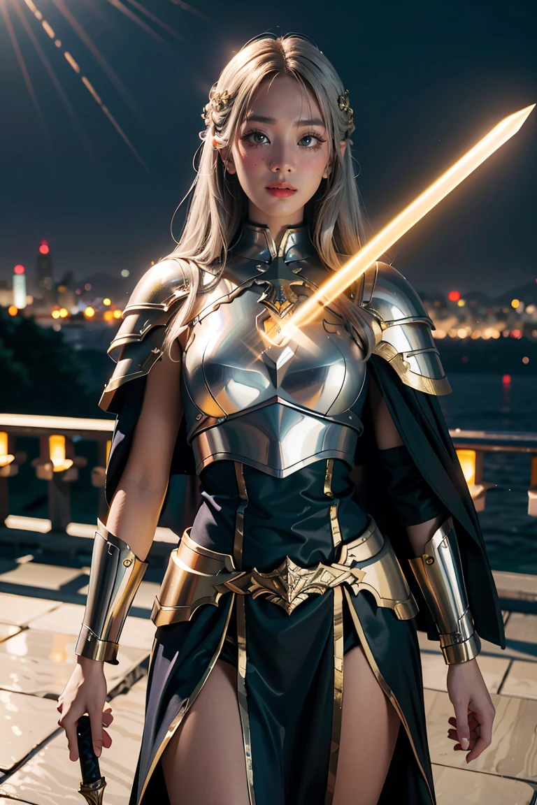 (masterpiece, best quality), A paladin holding a light-infused sword, light magic, divine, mage aura, silver and gold, 4k, dark cityscape, Fujifilm