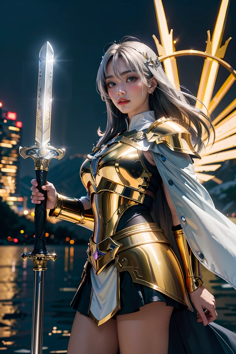 (masterpiece, best quality), A paladin holding a light-infused sword, light magic, divine, mage aura, silver and gold, 4k, dark cityscape, Fujifilm