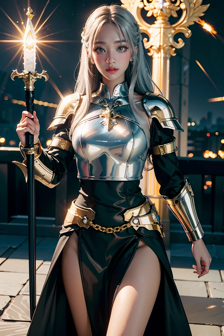 (masterpiece, best quality), A paladin holding a light-infused sword, light magic, divine, mage aura, silver and gold, 4k, dark cityscape, Fujifilm