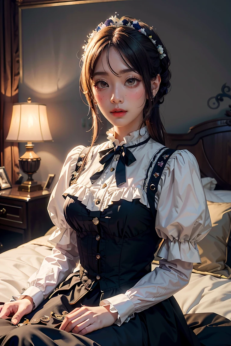 1girl, Masterpiece, best quality, (very detailed CG unified 8k wallpaper), (best quality), (best illustration), (best shadow), (Stable Diffusion Model), violet evergarden, shimmering, beautiful, victorian style bedroom, dynamic lighting, depth of field