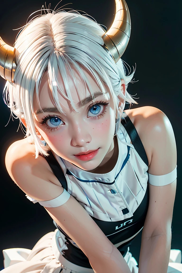 1girl, bethel, blue eyes, bare shoulders, breasts, medium breasts, short hair, white hair, hair over one eye, bangs, gloves, sleeveless, solo, shirt, fingerless gloves, white shirt, sleeveless shirt, arms behind back, off shoulder, horns, smile, (masterpiece), (best quality), (ultra detailed), indoors, simple background, blue flowers, 