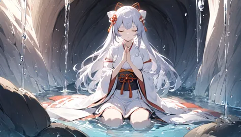 A Japanese shrine maiden meditates in a beautiful and mysterious cave dripping with water drops.