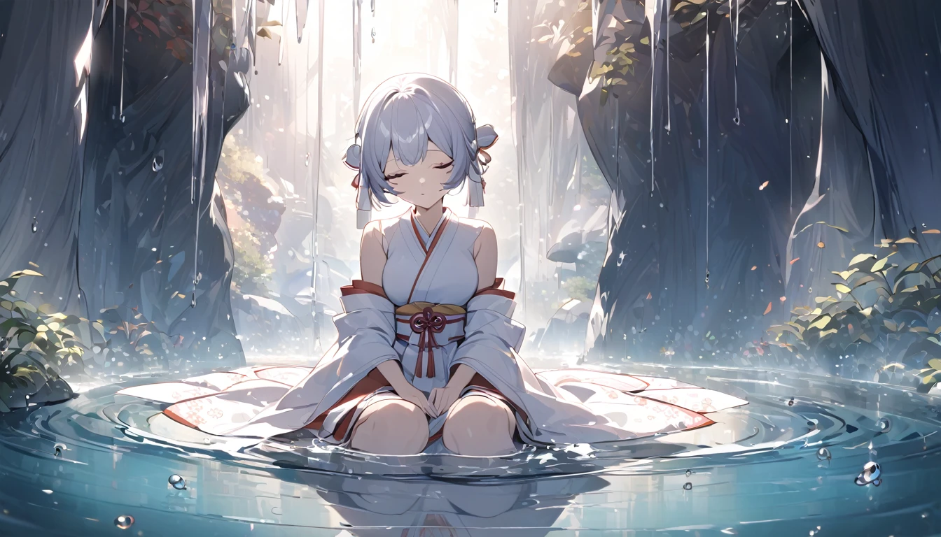 A Japanese shrine maiden meditates in a beautiful and mysterious cave dripping with water drops.