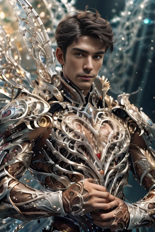 3d, HDR quarter body photorealistic ultra realism high definition aesthetic stabilized diffusion picture of handsome hunky fractal clean shaven King of hearts, in ruby red transparent sparkling shiny crystal glass chrome outfit,,look at camera, detailed facial parts,, studio as background, Freestyle Pose, Happy Expression, perfect anatomy, symmetric body,, 18 years old, high detail, a lean athletic body, realistic, human skin, extremely detailed fingers,  chad chin,, masculine, human skin, (eyes contact), gorgeous, Attractiveness 