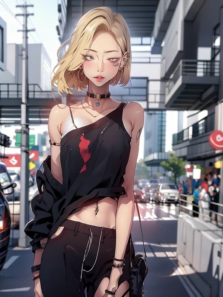 masterpiece, best quality, PIXIV, cool girl, lots of piercings, earrings, blonde hair, (dark skin), gal