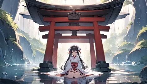 a japanese shrine maiden meditates in a beautiful and mysterious cave dripping with water drops.