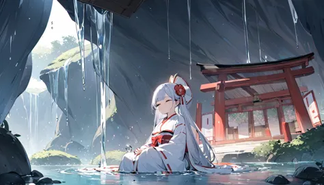 A Japanese shrine maiden meditates in a beautiful and mysterious cave dripping with water drops.