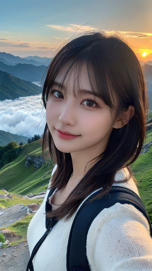 Highest quality, masterpiece, Ultra-high resolution, (Realistic:1.3), RAW Photos, (Nature landscape photography), (Majestic Mountain々The summit of the, sea of clouds), (とても大きな山The summit of the), (sunset), (One Girl), (Upper Body), (20-year-old), (smile:0.9), (Shiny skin), (short hair, Dark brown hair), (Loose, Super tight white sweater), (With pubic hair), (Carry a large backpack on your back), (Ultra detailed face), (Nipple erection:1.2), (Highly detailed eyes), (Highly detailed nose), (Highly detailed mouth), (Very skilled hands), (Super-detailed body), Sony a7, 85mm lens, f9.0, Pan Focus
、(Look straight ahead、Face to face:1.3)、