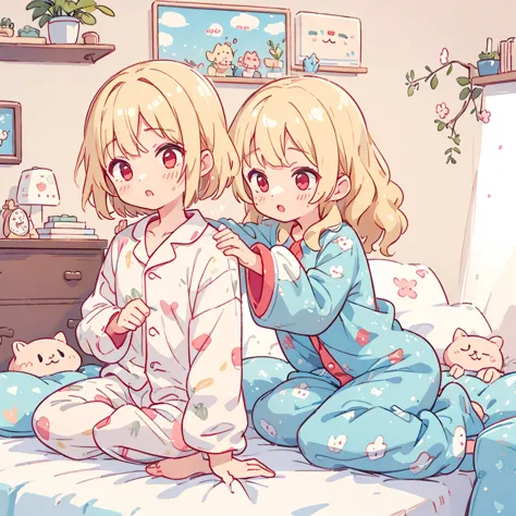 blonde、wavy hair、red eyes、
pajamas、