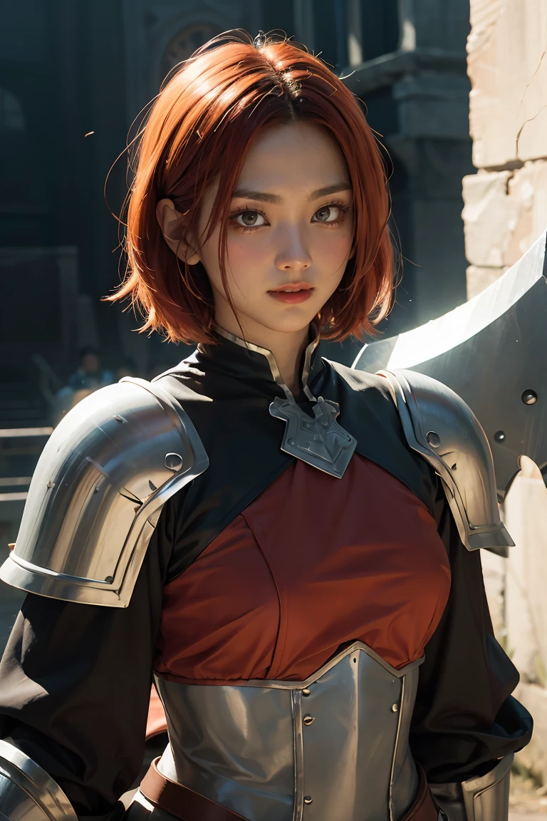 8k, best quality, highres, realistic, real person, A solitary warrior in a suspicious arena setting, without the demon lord. The warrior, lightly armored and with a sly smile, wields a large, ornately decorated axe. They have short red hair. The background is a mysterious and ominous arena, with a sense of danger and suspense. The lighting is dim and dramatic, enhancing the warrior's intense and cunning appearance.