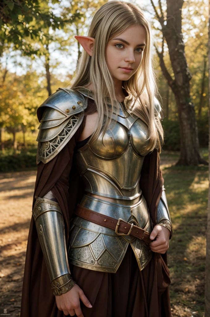 ​masterpiece, a beautiful elf knight shining eyes, blond hair, broad shoulders, strong body, Detailed pale skin with light freckles, highly detailed, filigree elven armor, outside, (Skin texture:1.1), best quality, Ultra high resolution, RAW-Foto, Nikon D850, Contre-Jour, rim light, bright sunlight, film grain:1.2, (warm hue, Warmer ton:1.2), (color photo), Fantasy landscape background