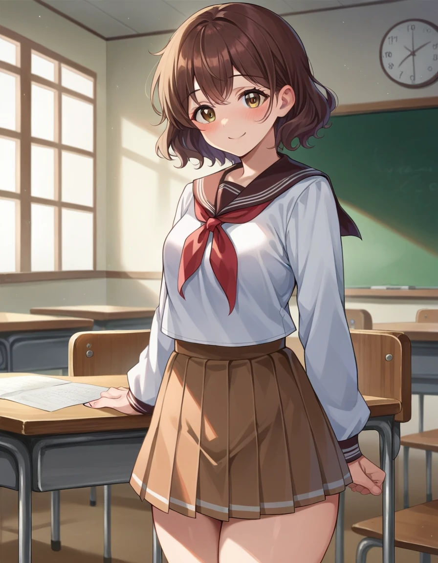 Highest quality, High resolution, masterpiece, (Beautiful Eyes), (Fine grain), Detailed face, kumiko oumae, Brown eyes, Brown Hair, short hair, Wavy Hair, smile, blush, skirt, shirt, Long sleeve, , pleated skirt, neckerchief, brown skirt, whiteいセーラーカラー, brown sailor suit, Kitauji High , red neckerchief, indoor, classroom, Chair, machine, (skirtを持ち上げる:1.5), (Panties丸見え:1.5), (Wide pelvis:1.5), (white_Panties:1.5), (Thick thighs), (Grip the boy&#39;s face between her legs:1.5), nsfw