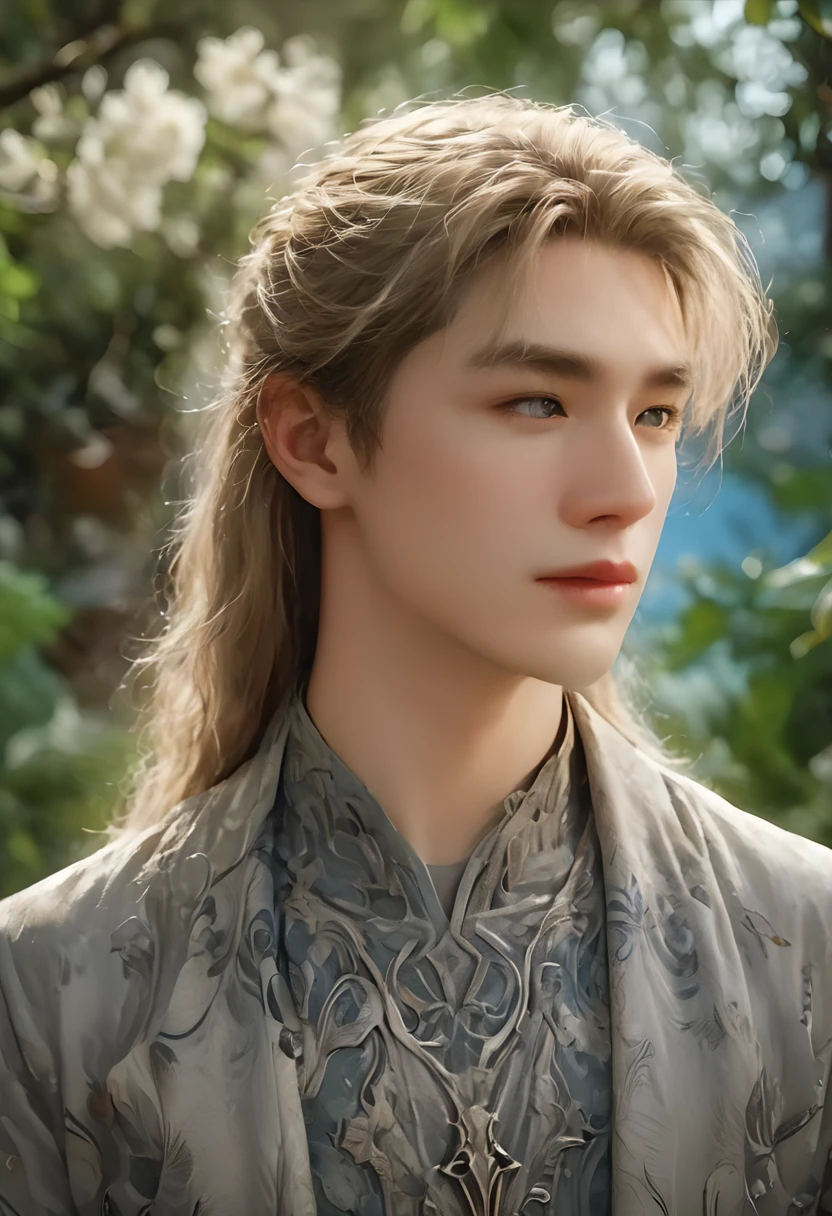 Highly detailed digital painting of a handsome man with chiseled features and long blonde hair, inspired by Greek gods, in a lush garden setting. Realistic lighting and textures bring this character to life, while his piercing gray-blue eyes draw the viewer in. Art style influenced by John Singer Sargent's portrait paintings.