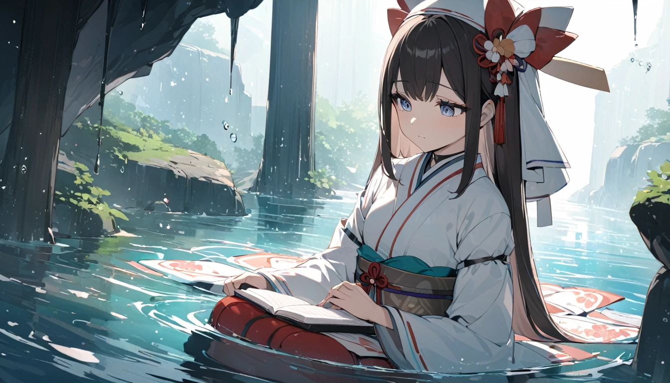 A Japanese shrine maiden meditates in a beautiful and mysterious cave dripping with water drops.