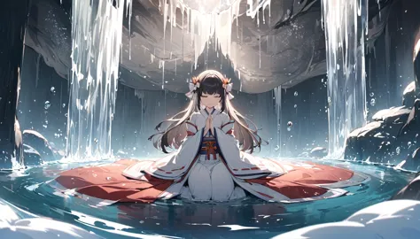 a japanese shrine maiden meditates in a beautiful and mysterious cave dripping with water drops.