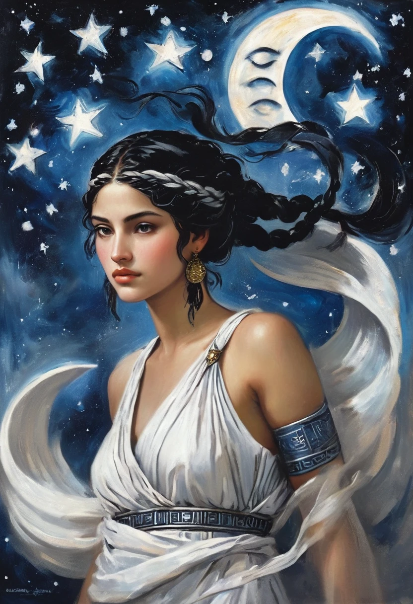 امرأة ذات شعر أسود مضفر, صور النجوم والقمر, باللون الأسود والأزرق والأبيض والفضي, ارتداء الملابس اليونانية القديمة