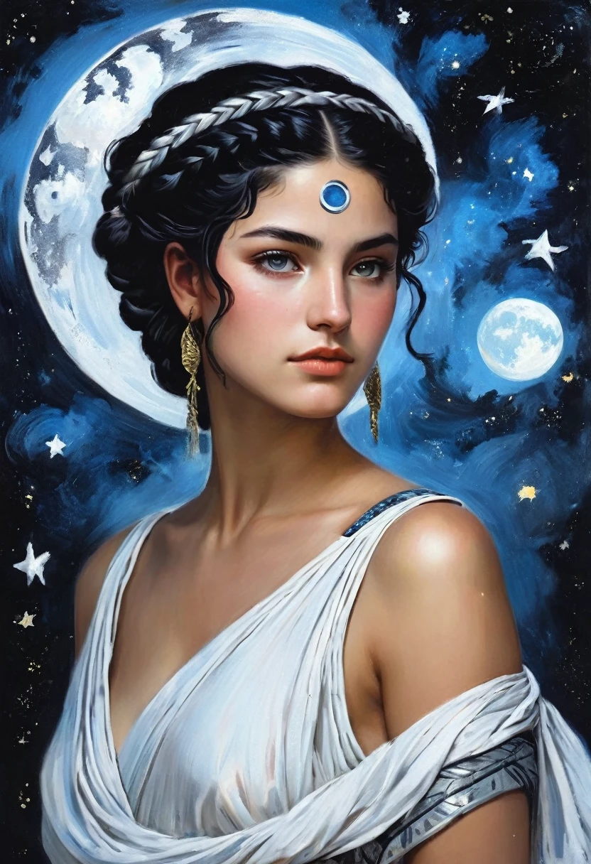 امرأة ذات شعر أسود مضفر, صور النجوم والقمر, باللون الأسود والأزرق والأبيض والفضي, ارتداء الملابس اليونانية القديمة