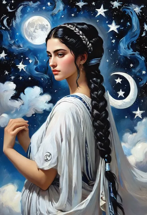 a woman with braided black hair, stars and moon imagery, in black blue white and silver, wearing ancient greek clothing
