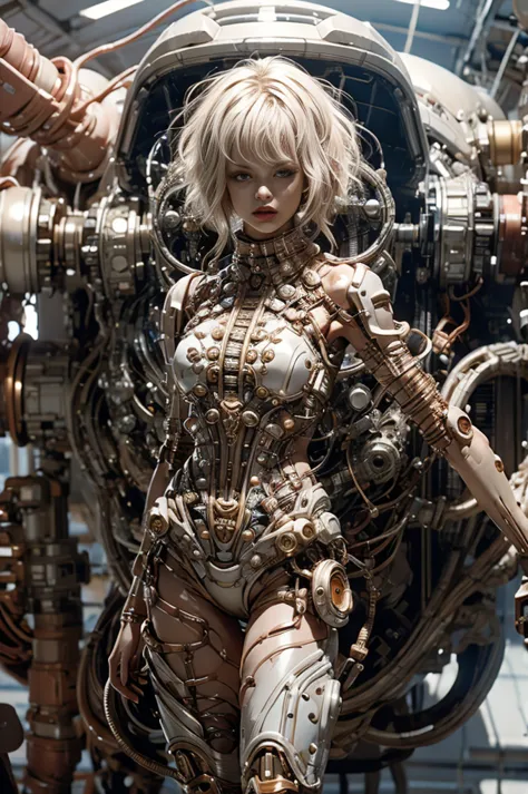 a full-length figure of a cool girl wearing a detailed mechanical armored suit. exposed wiring, lots of cords and tubes connecti...