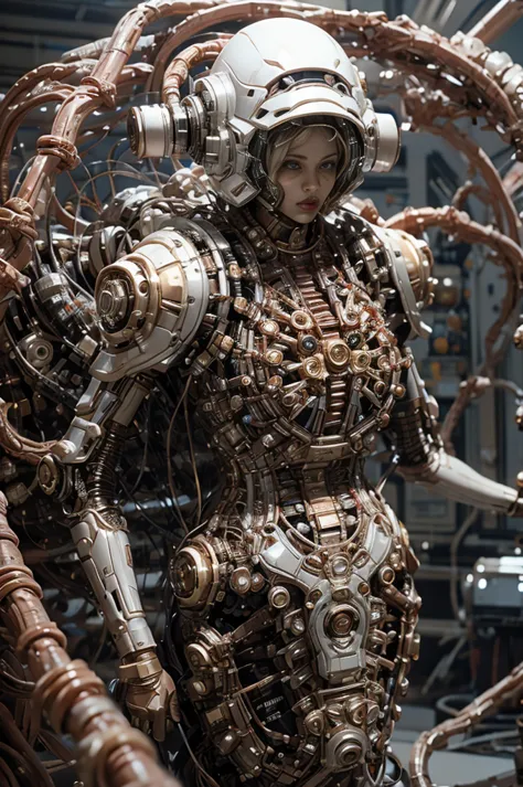 a full-length figure of a cool girl wearing a detailed mechanical armored suit. exposed wiring, lots of cords and tubes connecti...