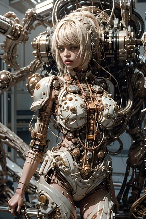 a full-length figure of a cool girl wearing a detailed mechanical armored suit. exposed wiring, lots of cords and tubes connecti...