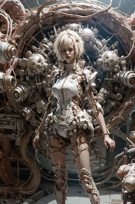 a full-length figure of a cool girl wearing a detailed mechanical armored suit. exposed wiring, lots of cords and tubes connecti...