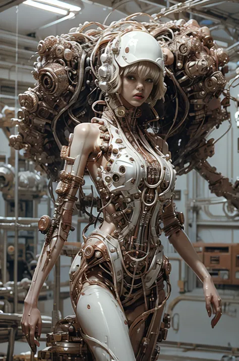 a full-length figure of a cool girl wearing a detailed mechanical armored suit. exposed wiring, lots of cords and tubes connecti...