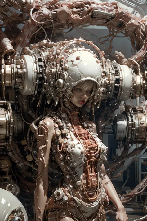 a full-length figure of a cool girl wearing a detailed mechanical armored suit. exposed wiring, lots of cords and tubes connecti...