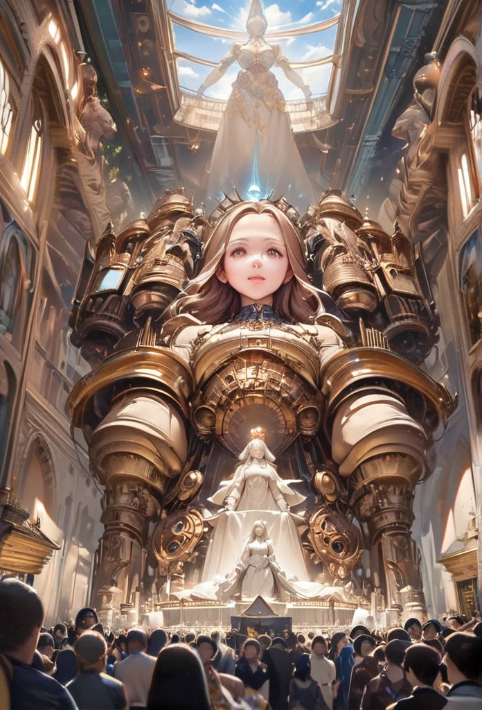 Woman statue, super giant, worshiping crowds, scriptures shine in the sky, in steampunk style, super fine, 8K, masterful mechanical rendering works, OC renderer, (ultra photo realism), skswoman