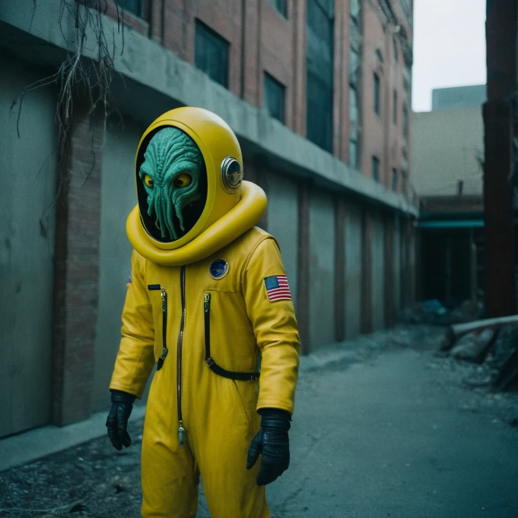 Horror-themed,  In an ancient and mysterious city a person wearing a yellow helmet with yellow spikes on it carcosa city style, Don Bluth Style ASTRONAUT Cthulhu yellow Toon Doll, full body RAW candid cinema, cyan hair, 16mm, color graded portra 400 film, Eerie, unsettling, dark, spooky, suspenseful, grim, highly detailed