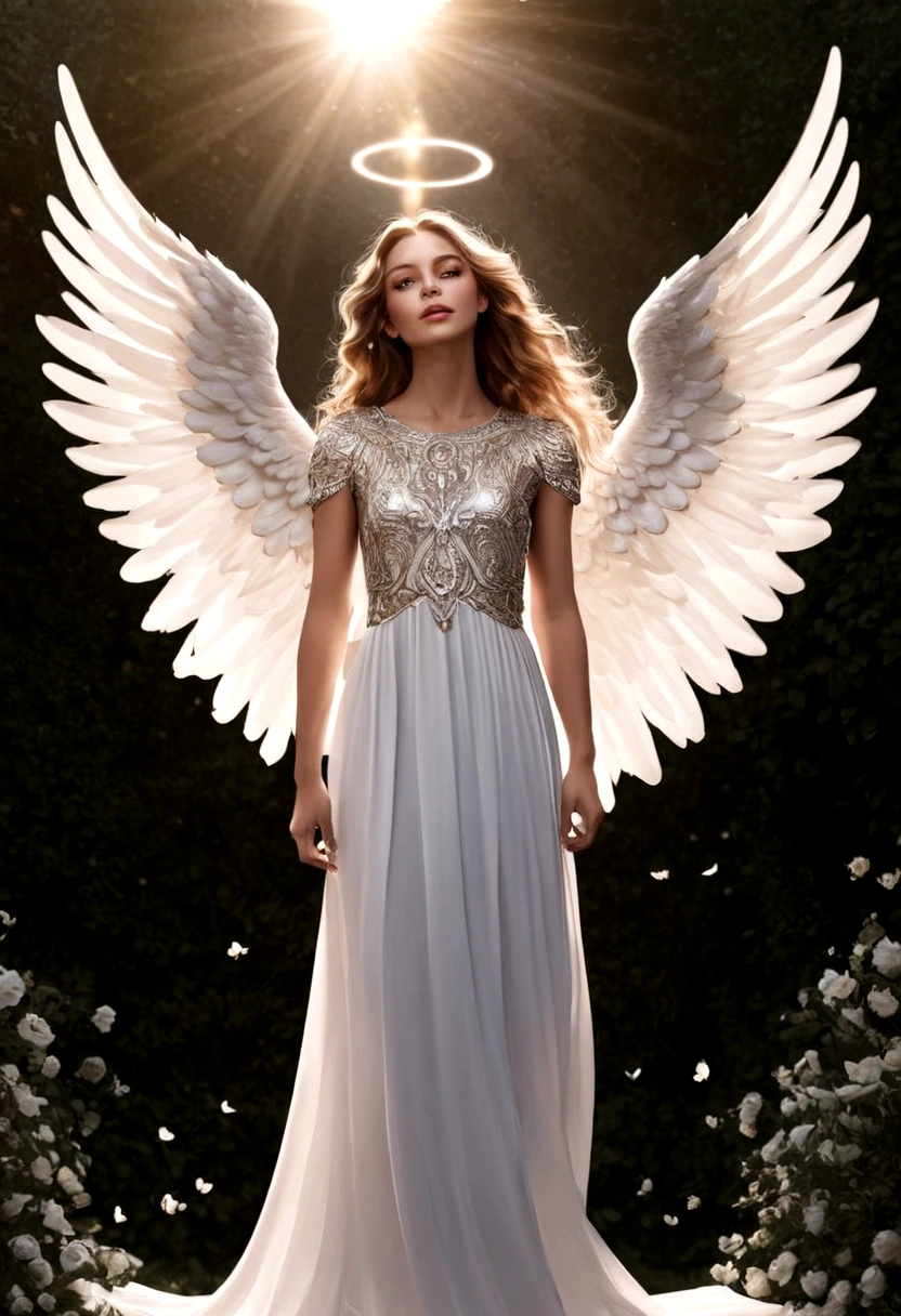 beautiful Angel, Wearing a gorgeous dress that covers the whole body, luxurly gawn,Floating in the air, angel wings, (angel ring:1.3), outdoor, detailed face, detailed eyes, detailed lips, detailed nose, detailed foot, full body shot