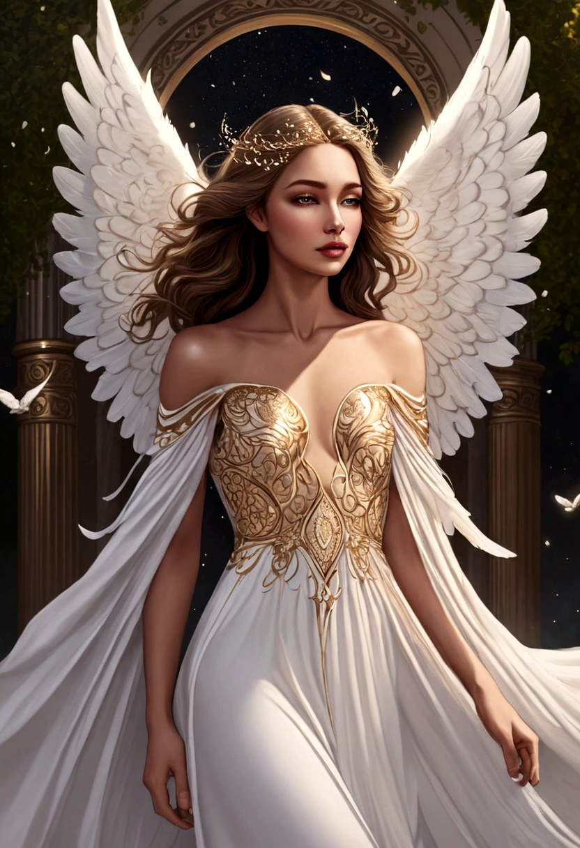 beautiful Angel, Wearing a gorgeous dress that covers the whole body, luxurly gawn,Floating in the air, angel wings, (angel ring:1.3), outdoor, detailed face, detailed eyes, detailed lips, detailed nose, detailed foot, full body shot