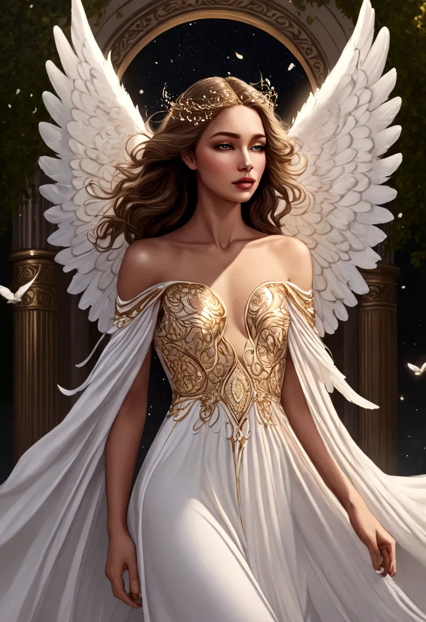 beautiful angel, wearing a gorgeous dress that covers the whole body, luxurly gawn,floating in the air, angel wings, (angel ring...