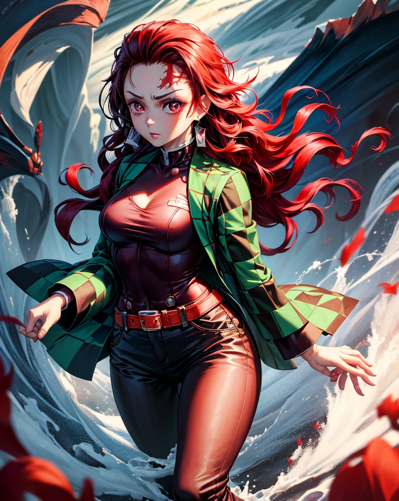 (masterpiece), best quality, expressive eyes, perfect face, highres, (female1.5), 1 girl, solo,(Tanjiro), (OriginalOutfit), (Scar,Scar on forehead, Checkered Clothes, 1Girl, Red Hair), (long red hair),(black and green plaid coat),(black pants), fantasy background, standing, upper body portrait, looking at the viewer,